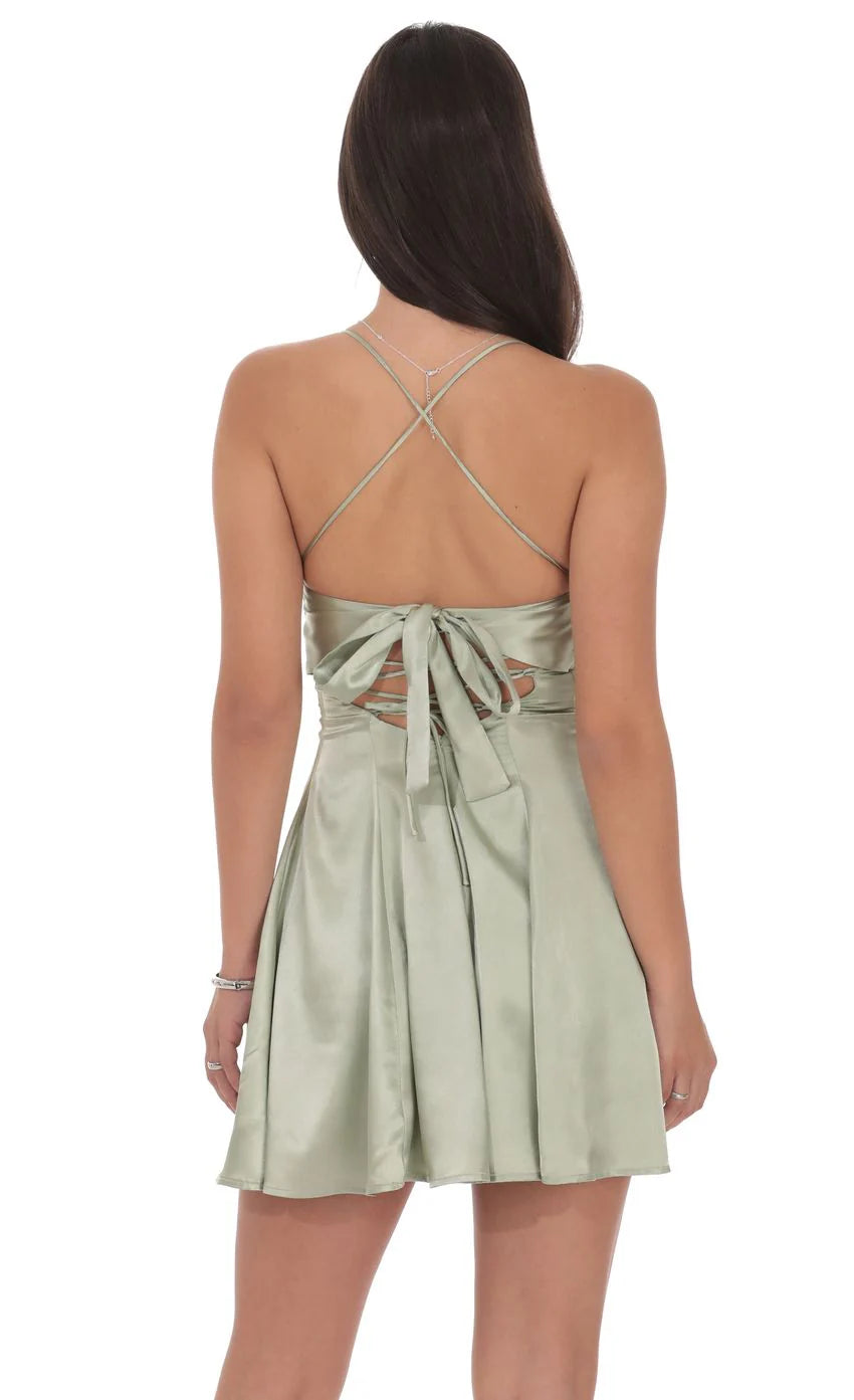 Satin Draped A Line Dress in Sage