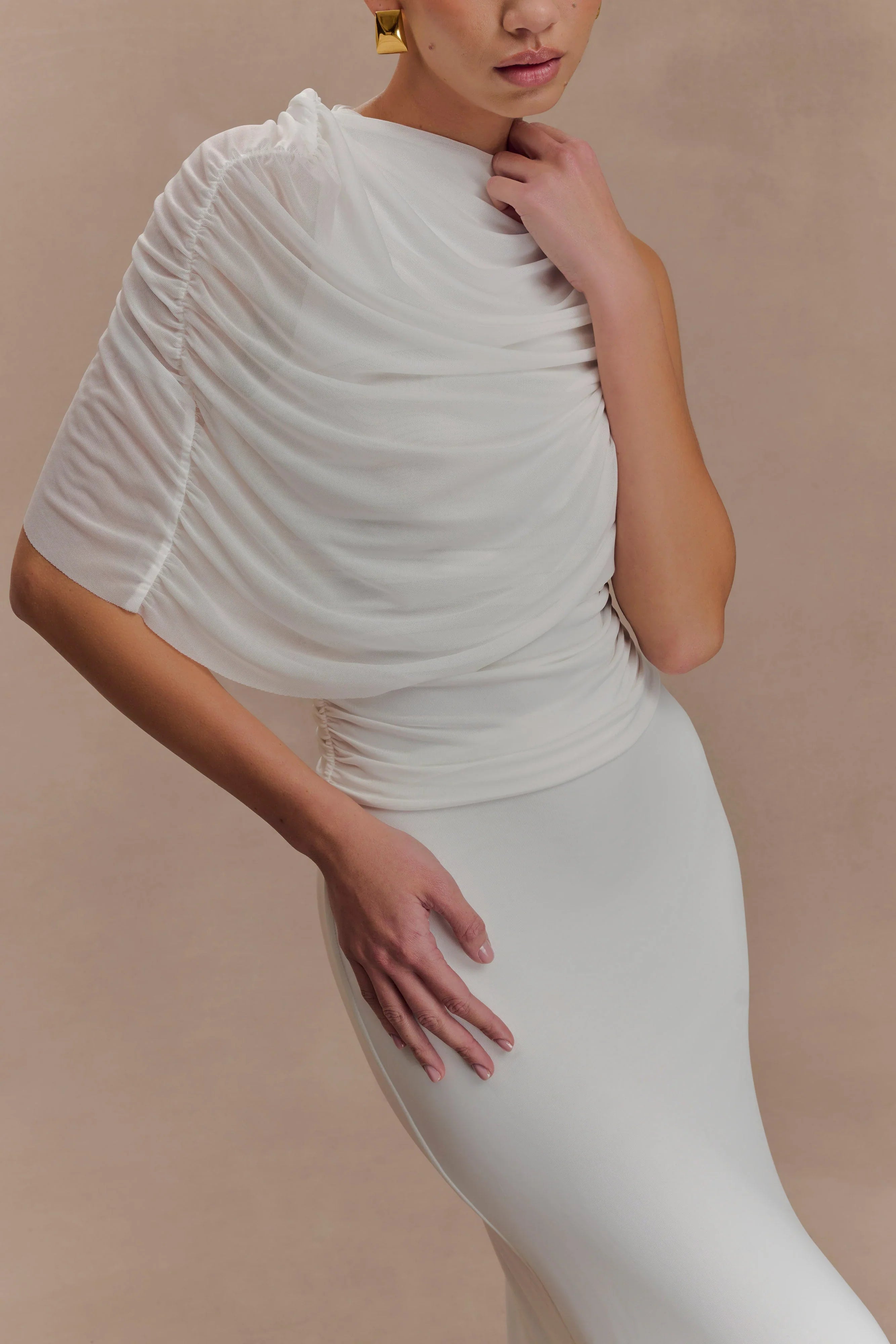 Pruedance Slinky Draped Top With Mesh Overlay White
