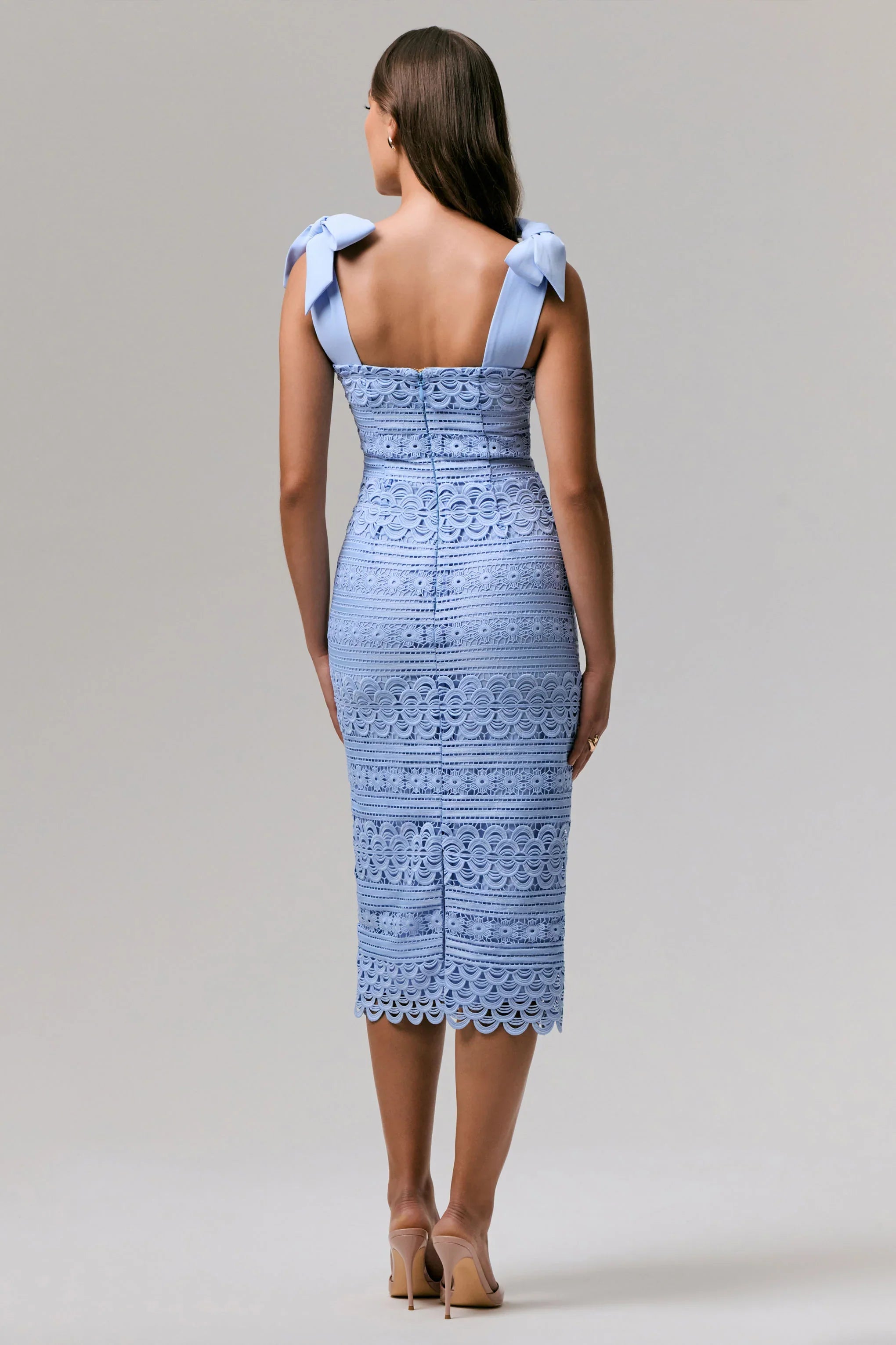 Precious Treasure Powder Blue Square Neck Midi Dress With Tie Details