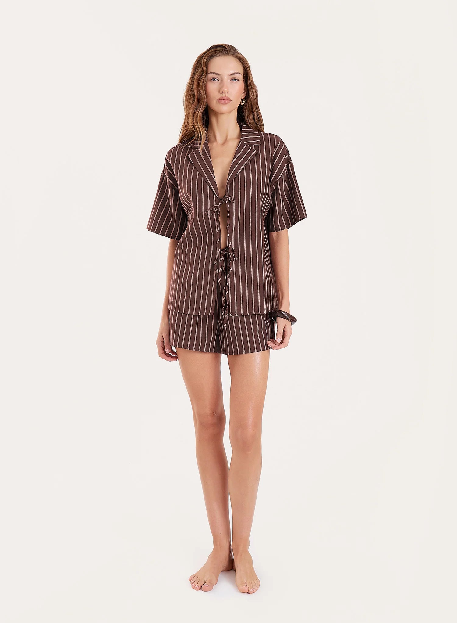 Chocolate Stripe Cotton Tie Front Short Sleeve Shirt