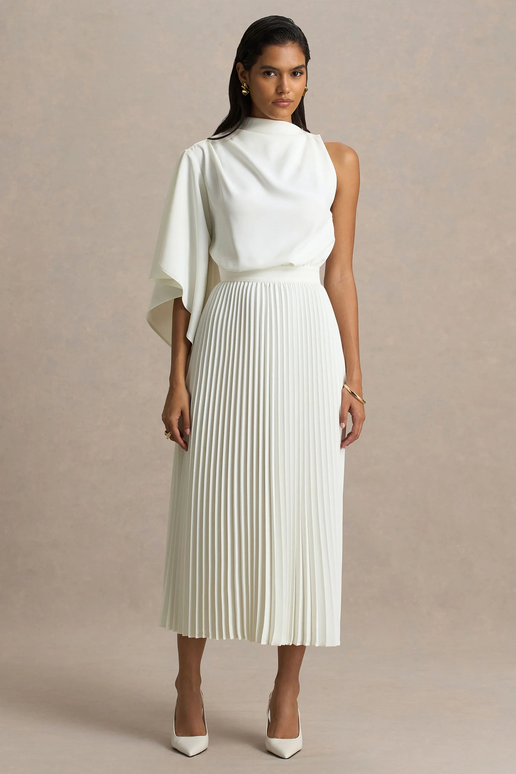 Jimena Cream High Neck Midi Dress With One Long Sleeve And Pleated Detailing