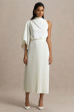 Jimena Cream High Neck Midi Dress With One Long Sleeve And Pleated Detailing