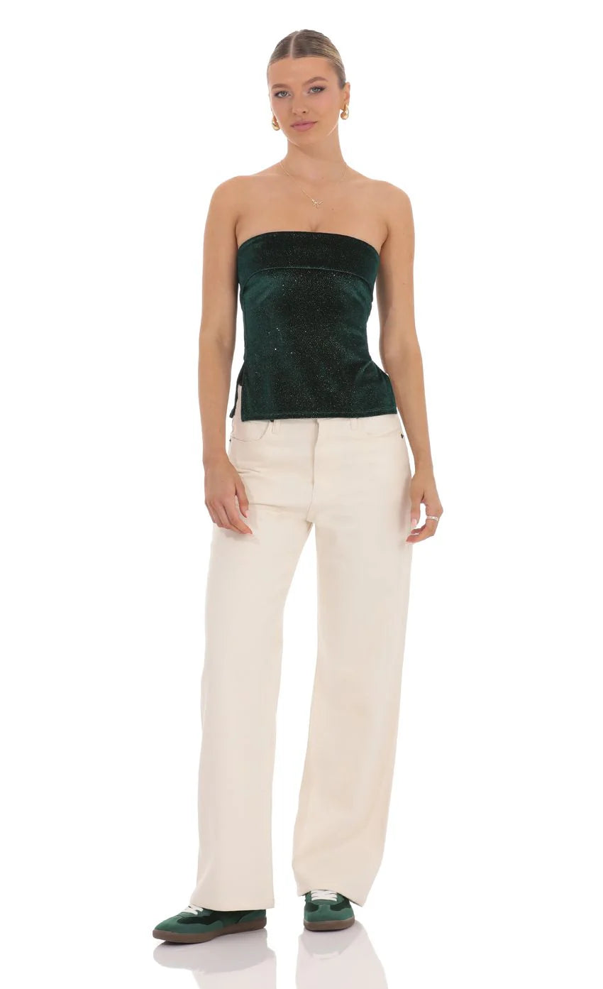 Velvet Foil Strapless Slit Top in Green