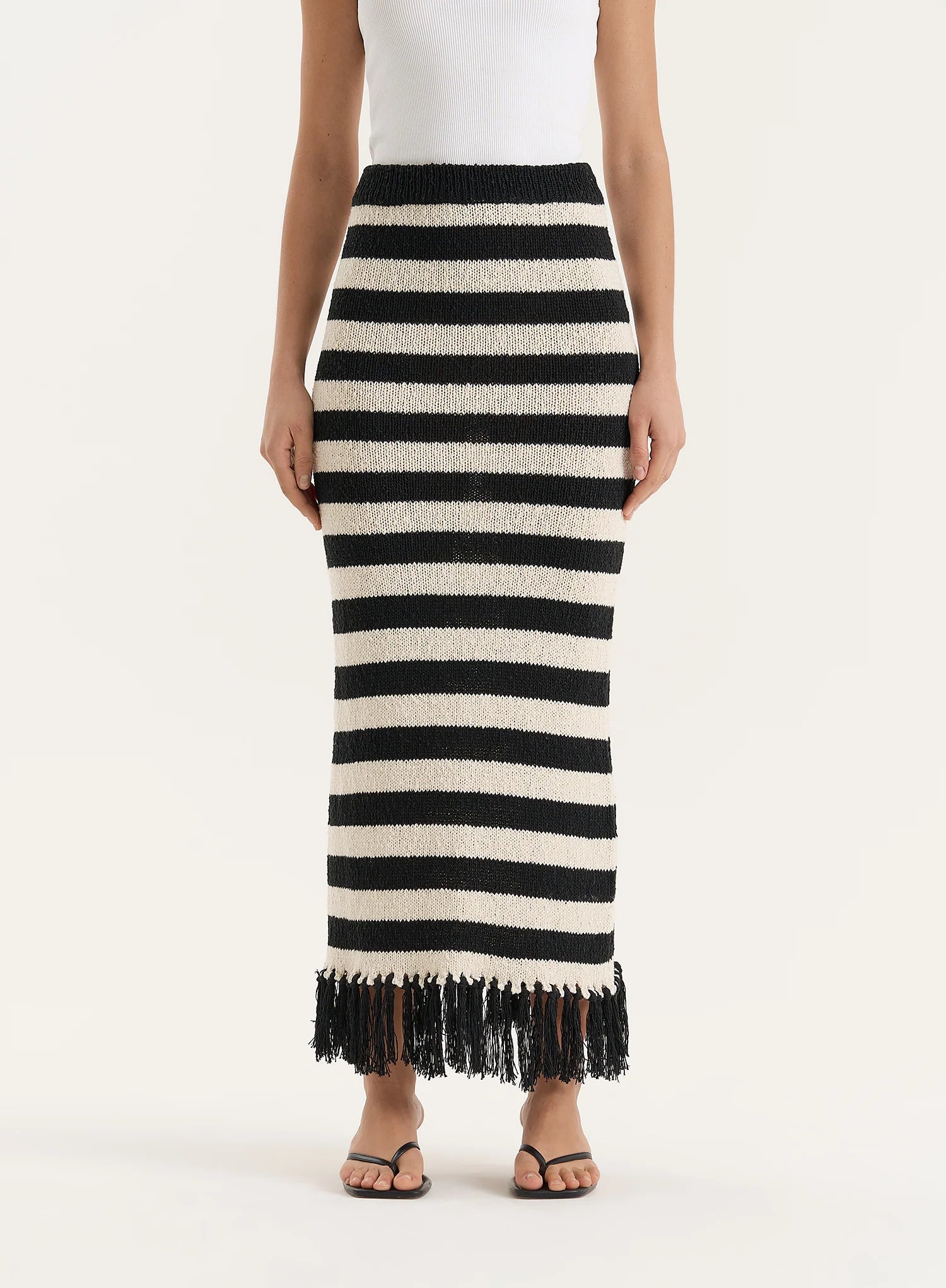 Striped Knitted Tassel Trim Maxi Skirt