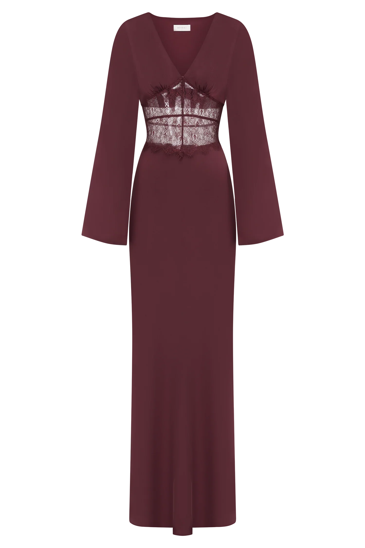 Kaya Long Sleeve Satin And Mesh Maxi Dress Wine