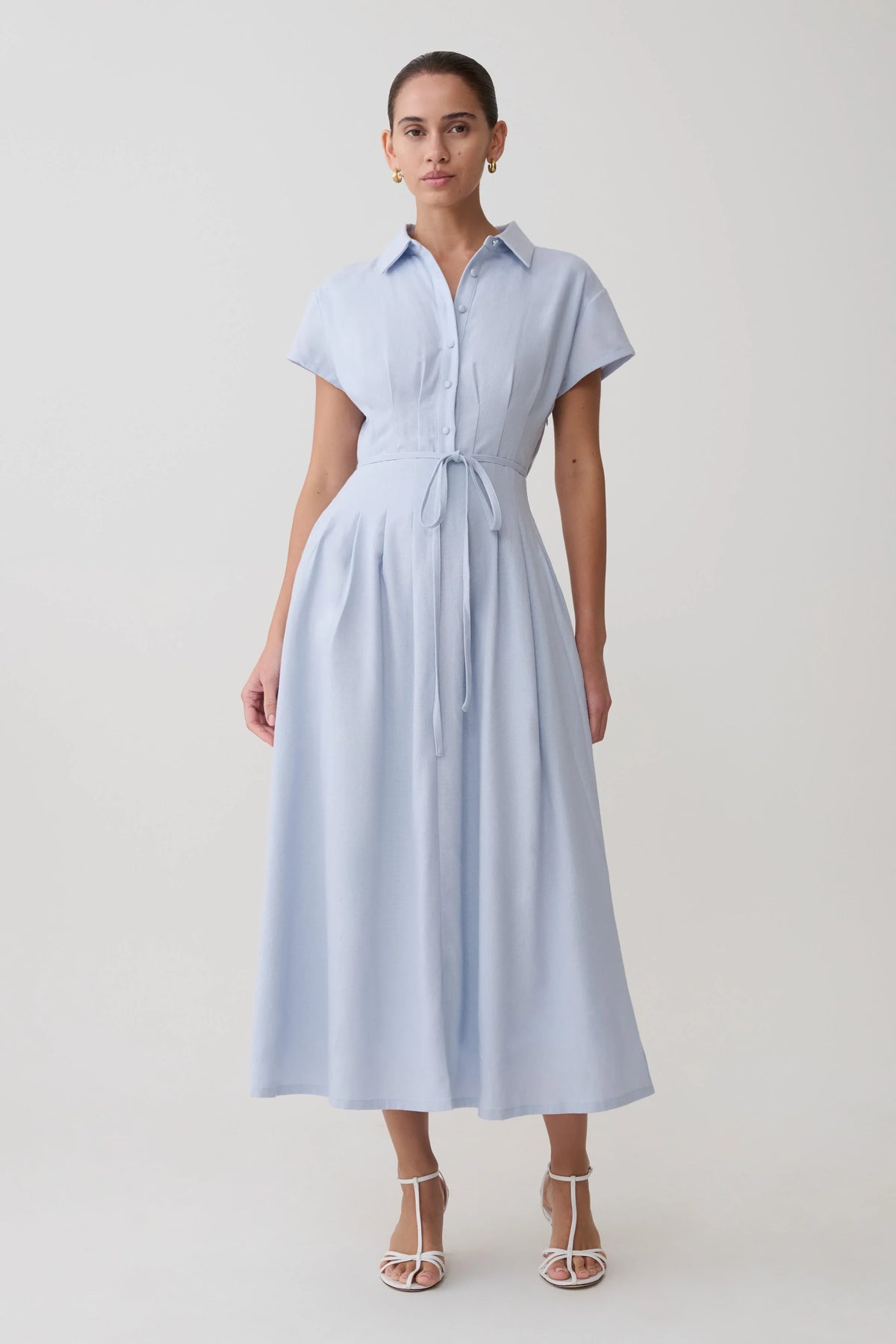 Aysha Buttoned Linen Midi Dress Cornflower Blue