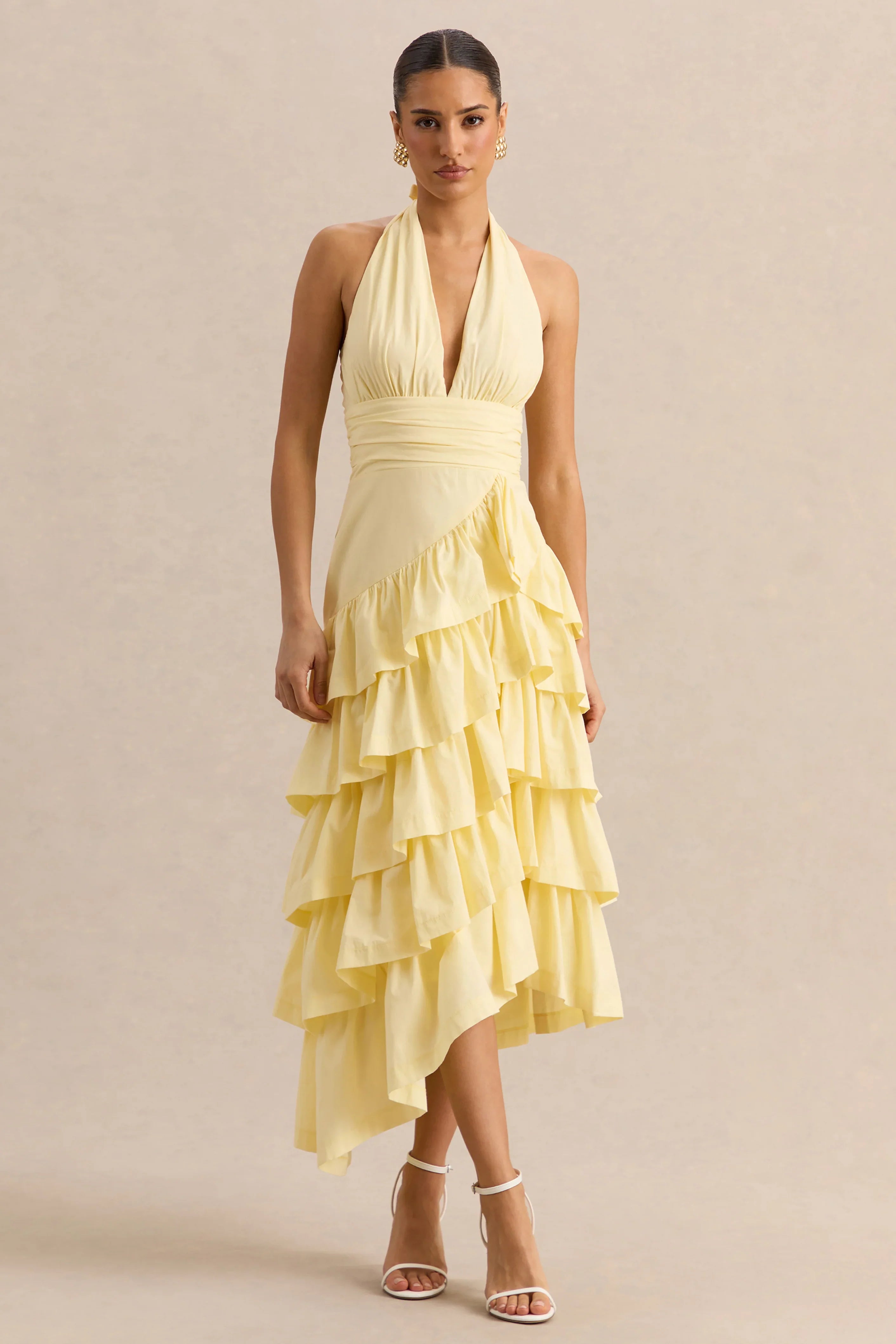 Velora Lemon Asymmetric Midi Dress With Tiered Ruffled Skirt