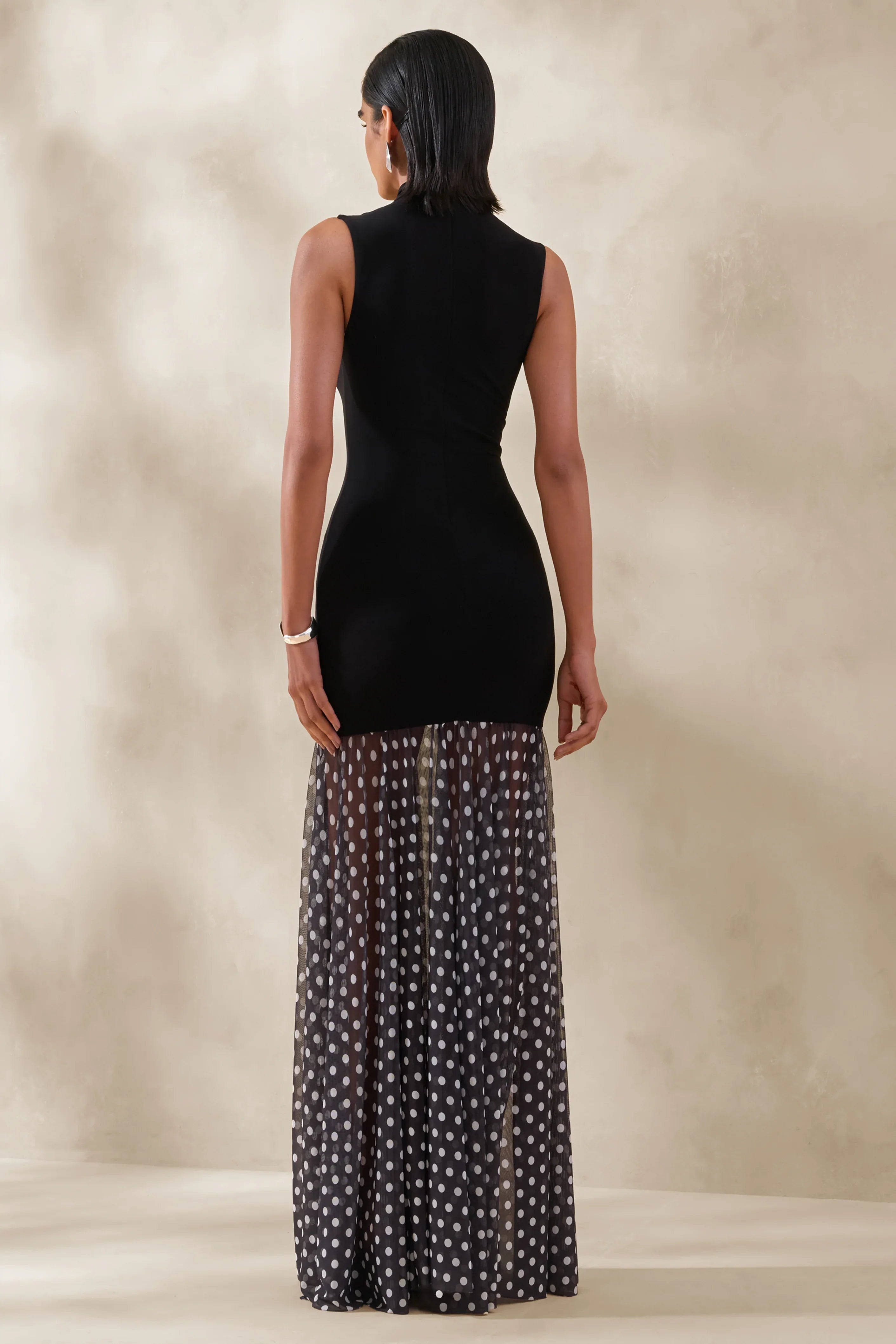 Felina Black High Neck Maxi Dress With Sheer Skirt