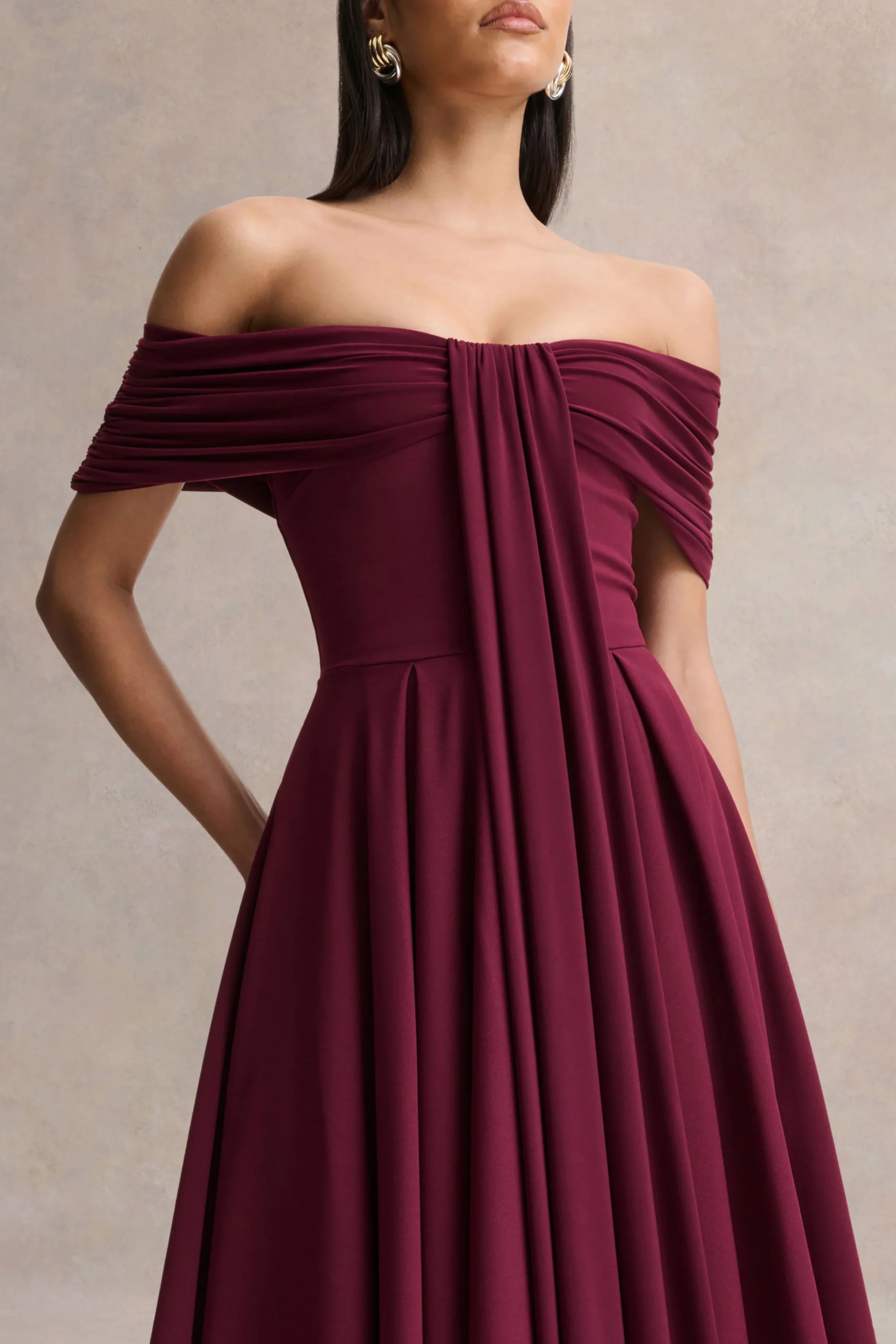 Dearest Burgundy Bardot Neck Midi Dress