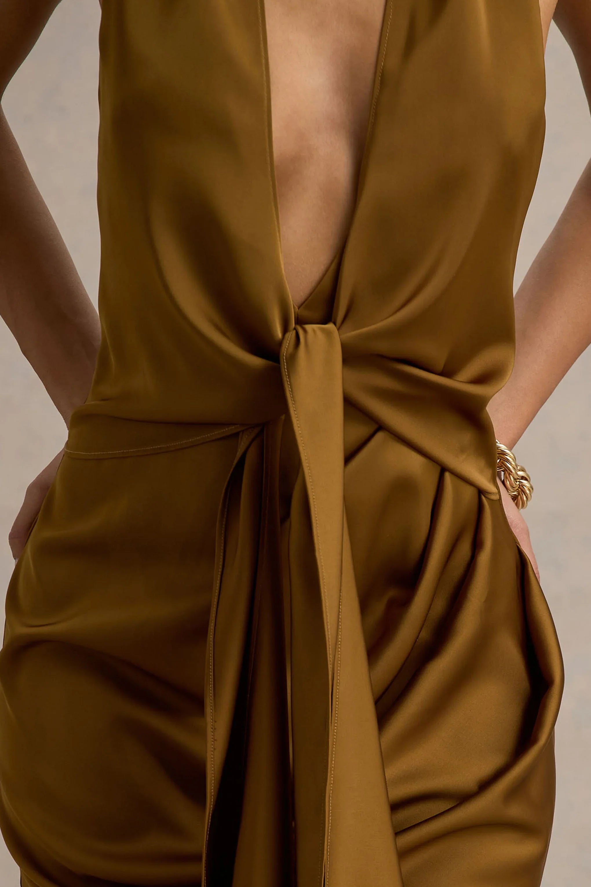 Lynette Olive Satin Plunge Neck Maxi Dress With Asymmetric Hem