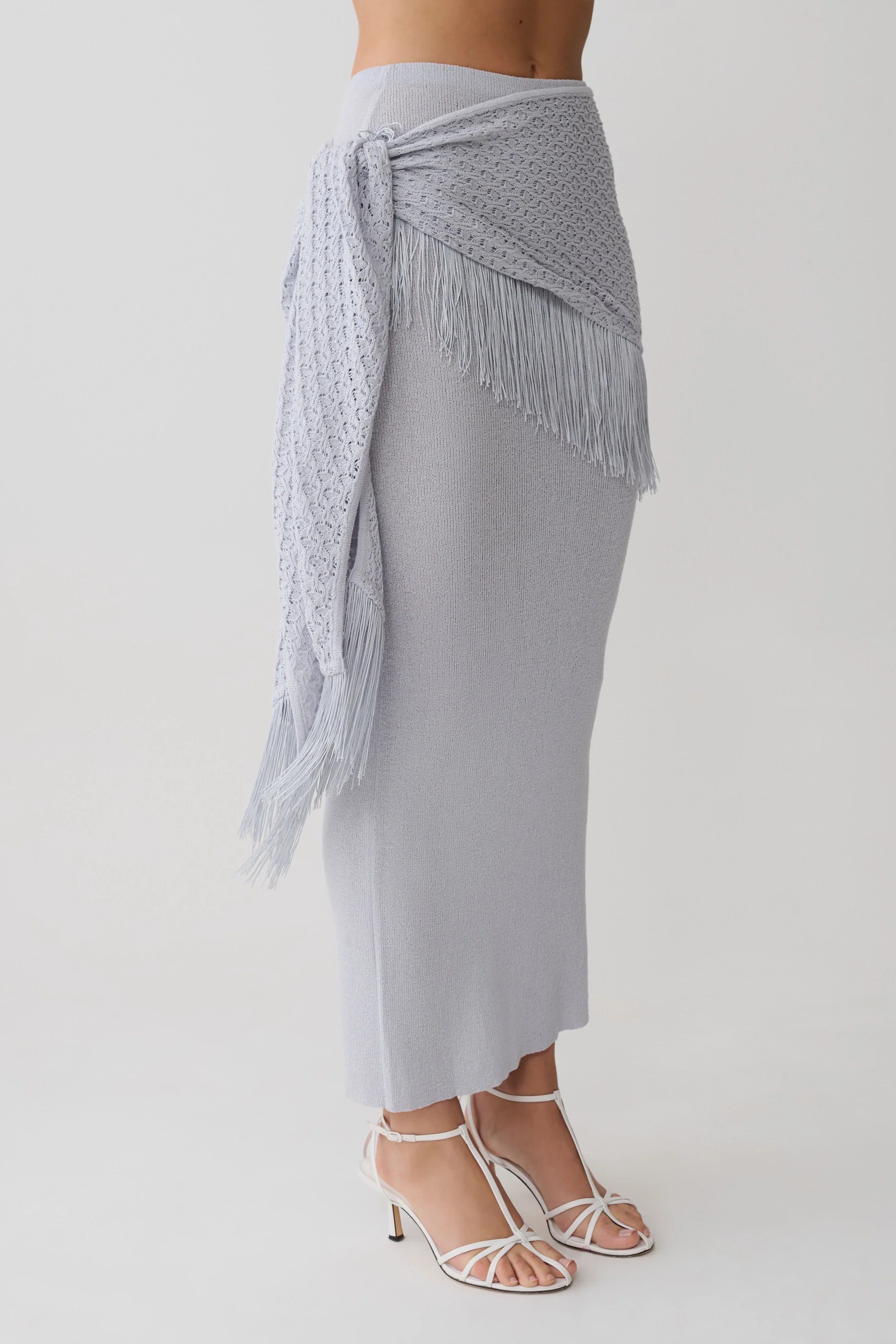 Jaytee Knit Maxi Skirt With Fringe Tie Sky Blue