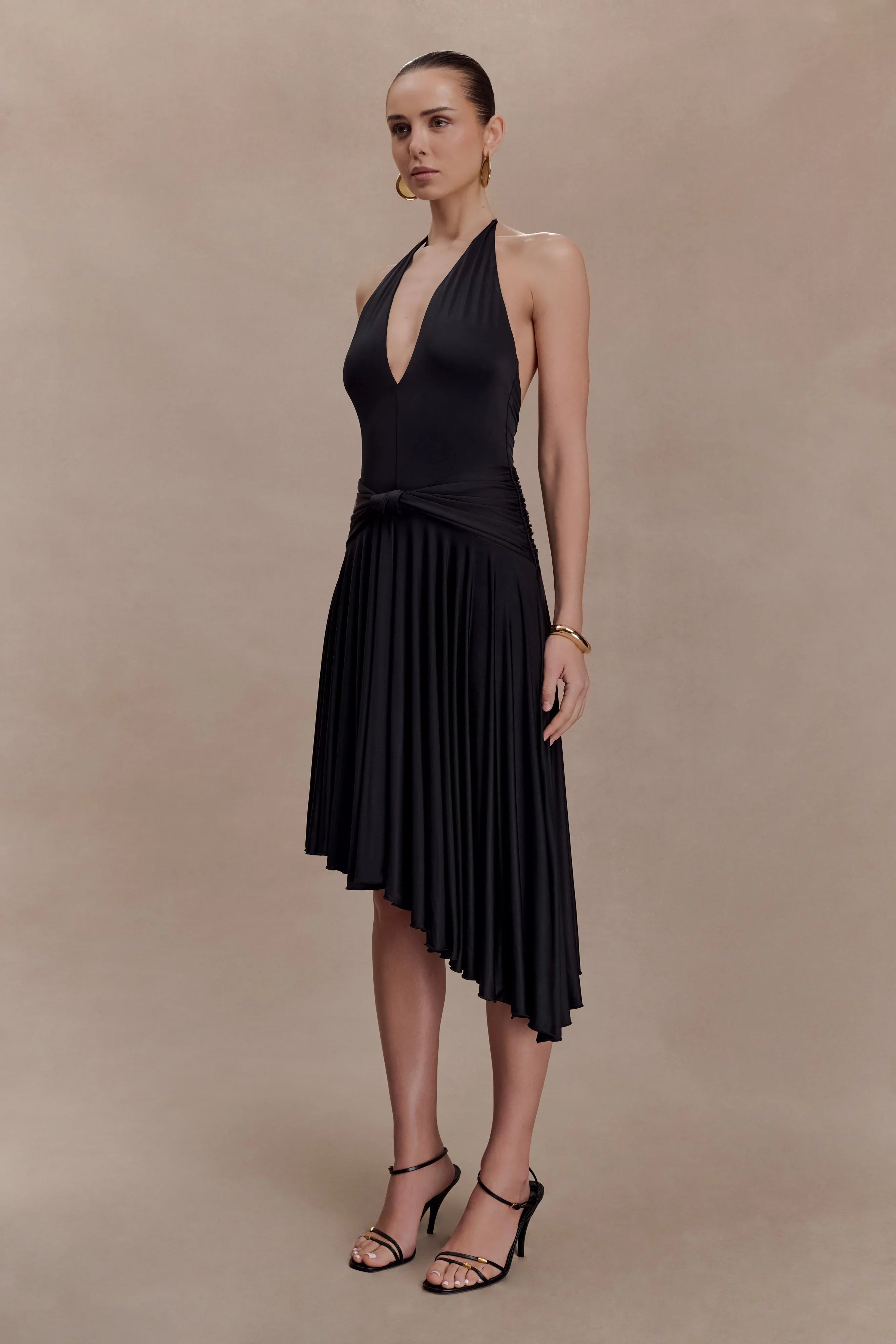 Zelda Asymmetric Slinky Midi Dress Black