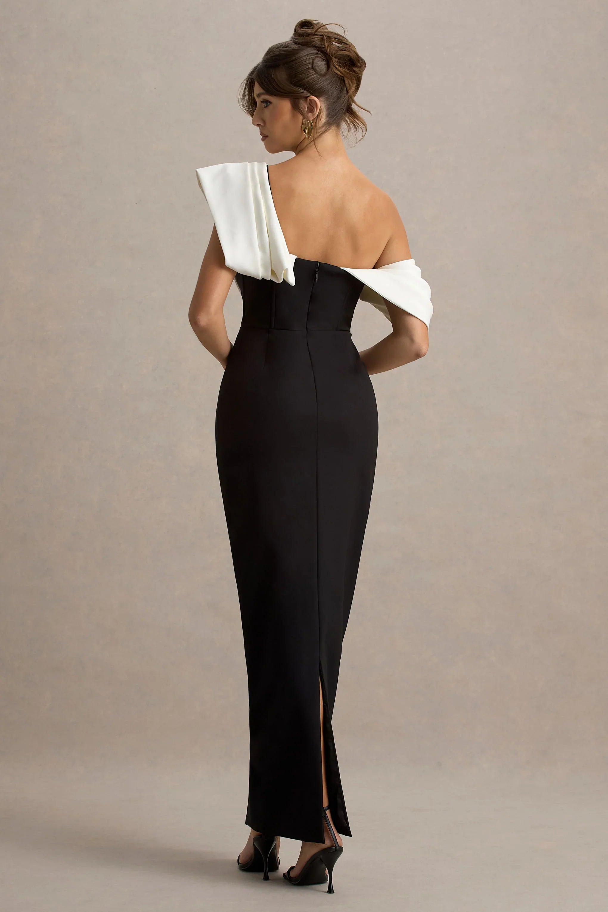 Angelina Black White Draped Shoulder Maxi Dress