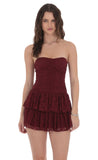 Lace Strapless Ruched Ruffle Dress in Burgundy