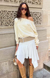 Bambi Cream Asymmetric Neckline Eyelet Sweater