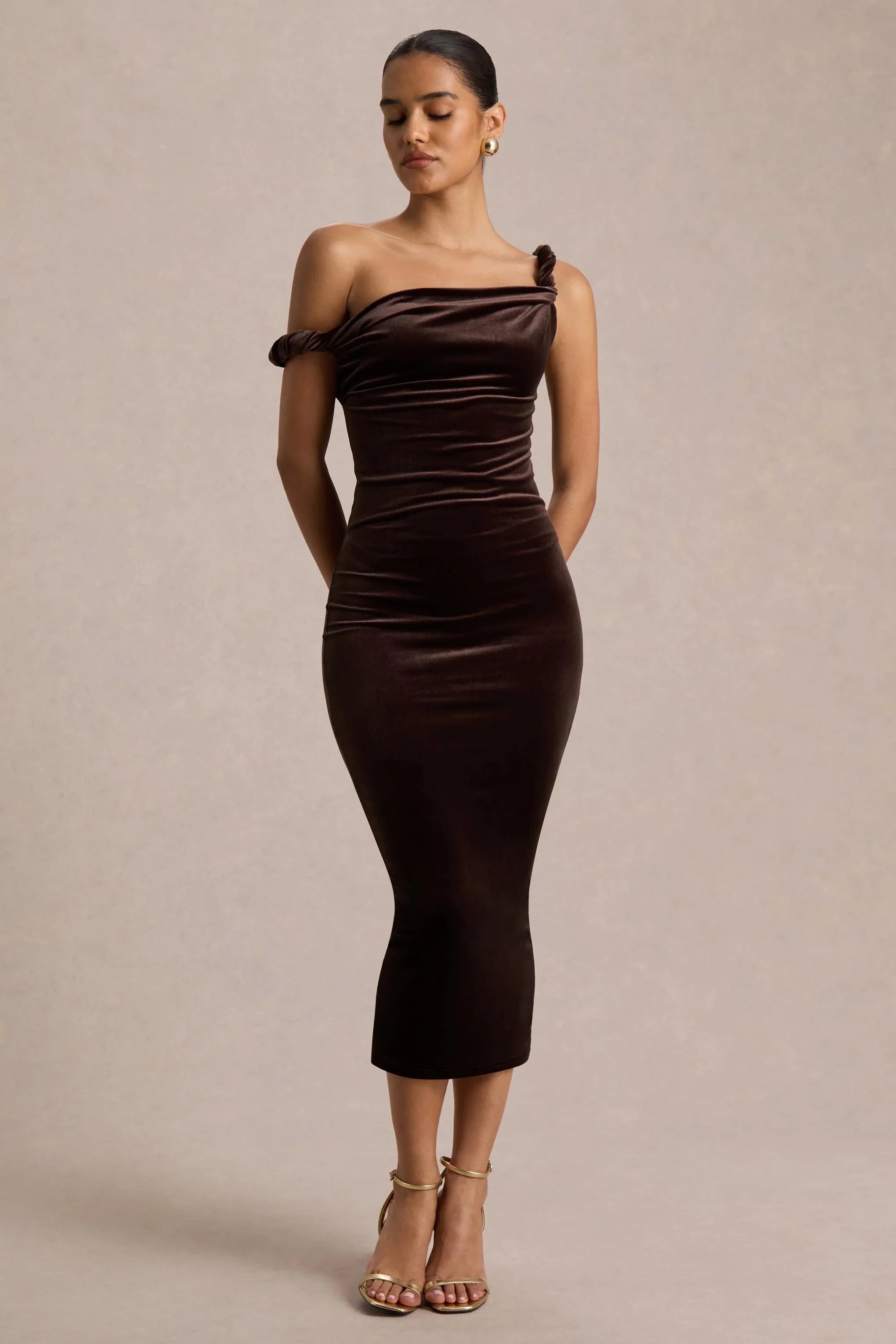 Carella Brown Velvet Twisted Asymmetric Midi Dress