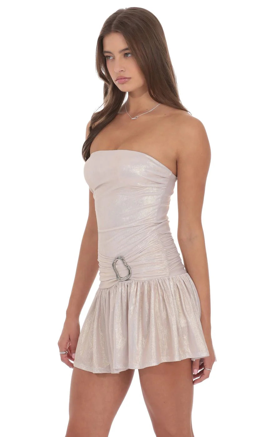 Metallic Embellished Strapless Dress in Rose Gold
