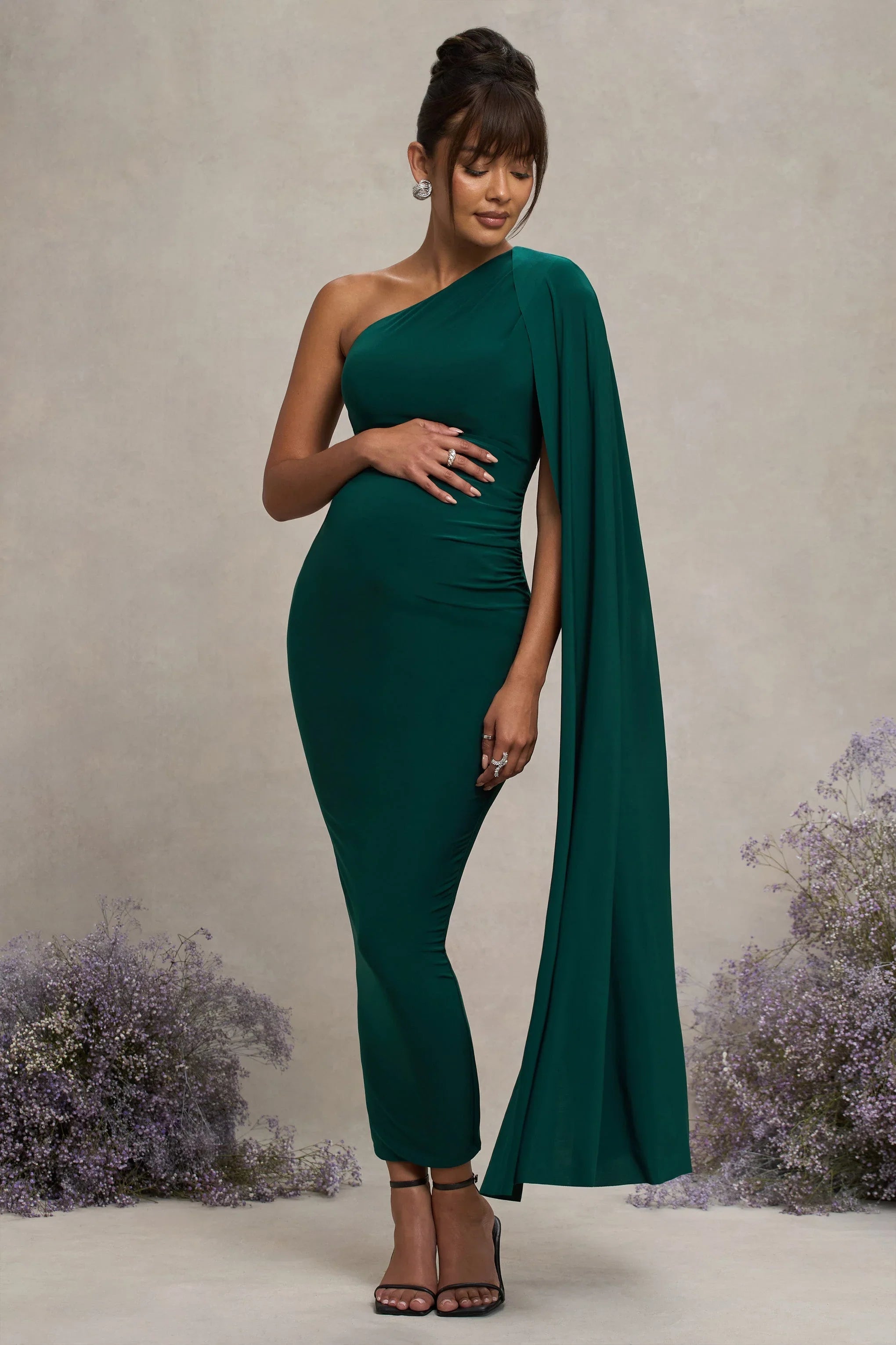 Amaryllis Bottle Green Maternity One Shoulder Maxi Dress with Cape Sleeve