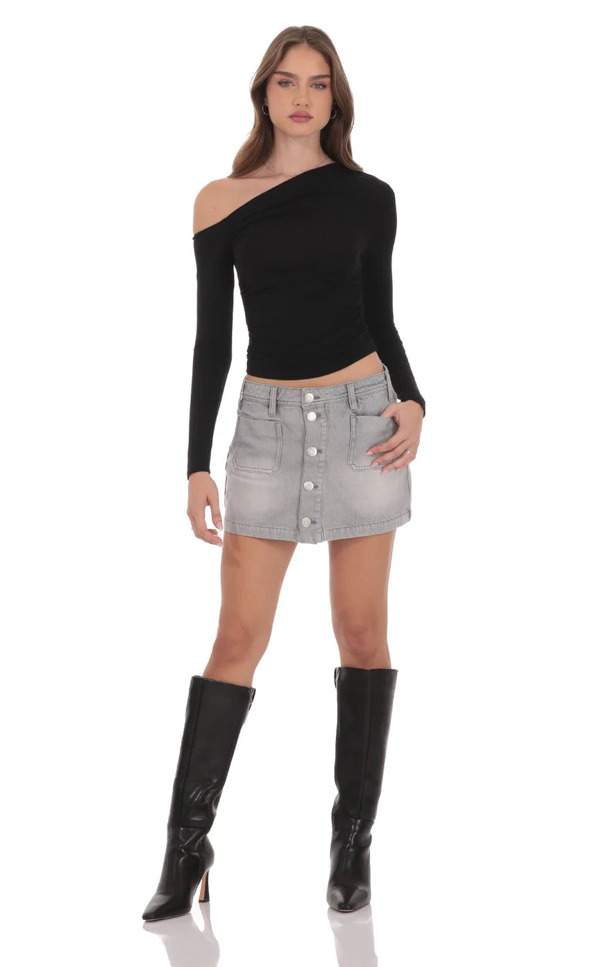 Buttoned Denim Skirt in Washed Grey