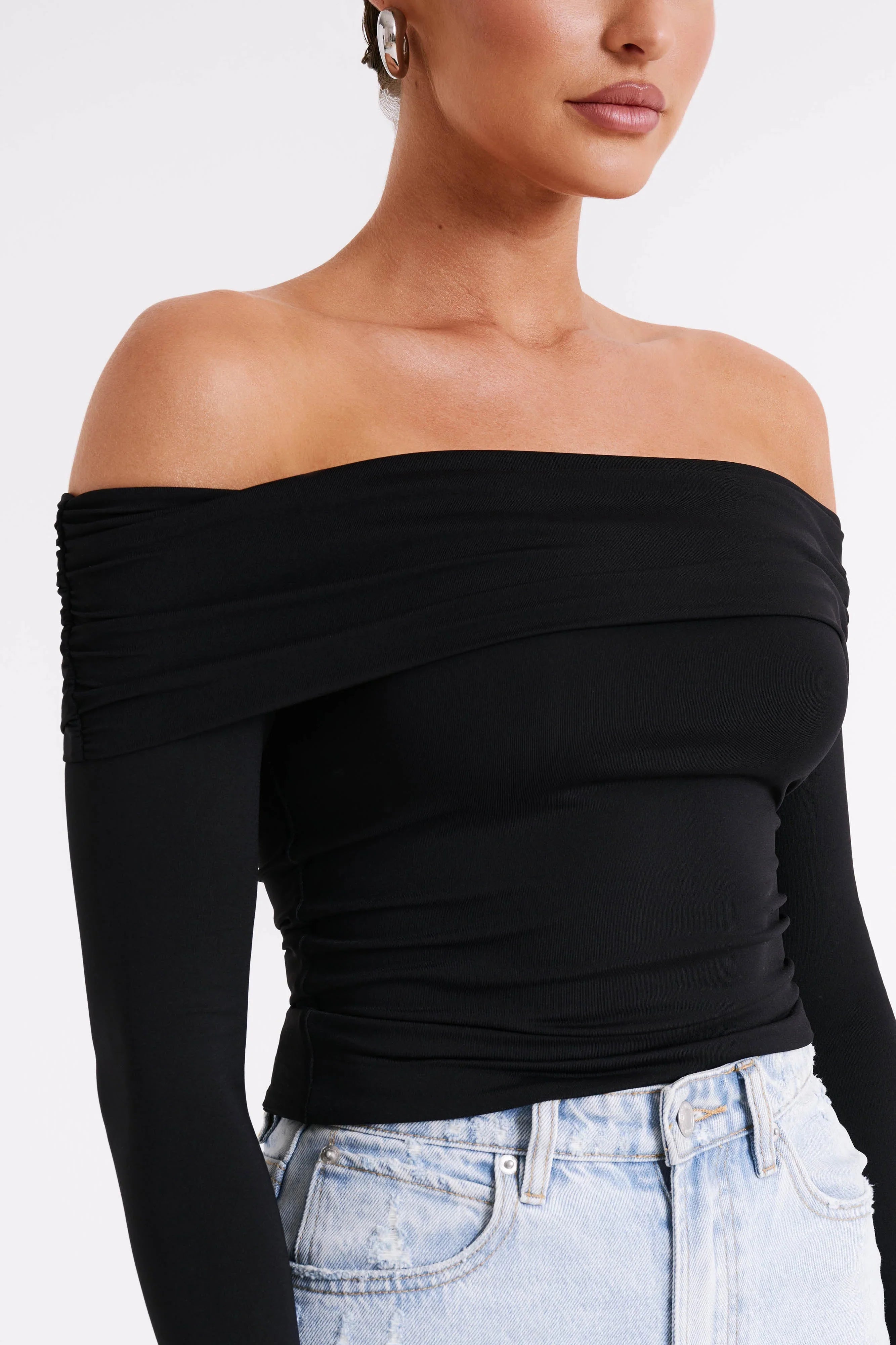 Lucinda Recycled Nylon Off Shoulder Top Black
