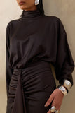 Perla Dark Brown High Neck Maxi Dress With Gathered Detailing