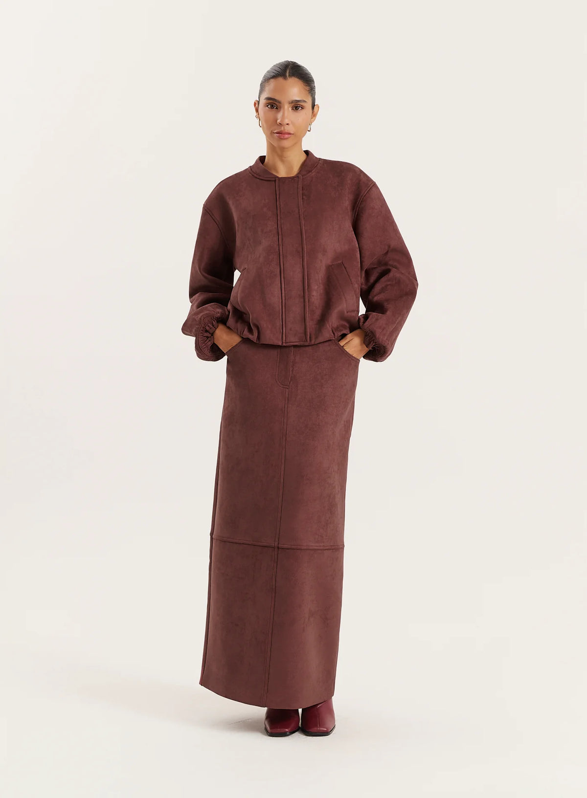 Burgundy Faux Suede Maxi Skirt