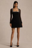 Emmey Black Crepe And Mesh Square Neck Mini Dress