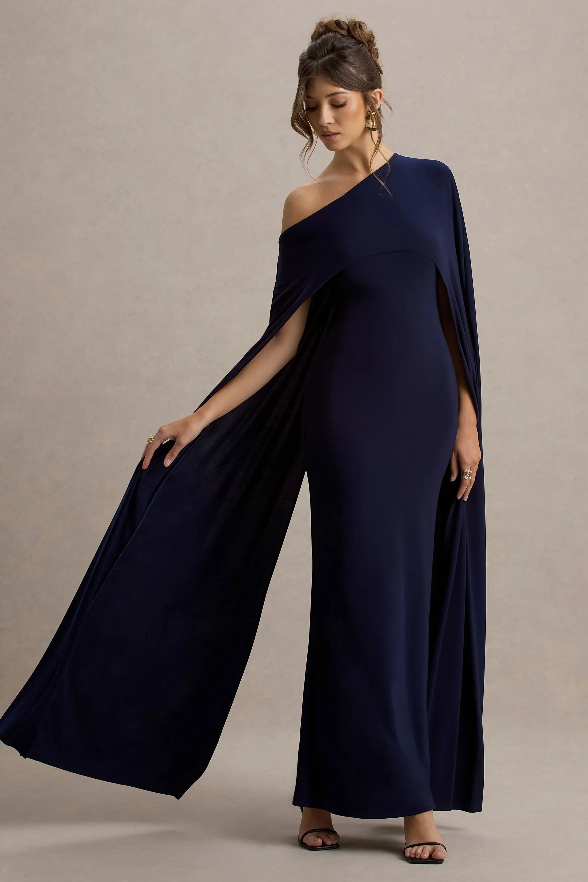 Florentina Navy One Shoulder Cape Maxi Dress