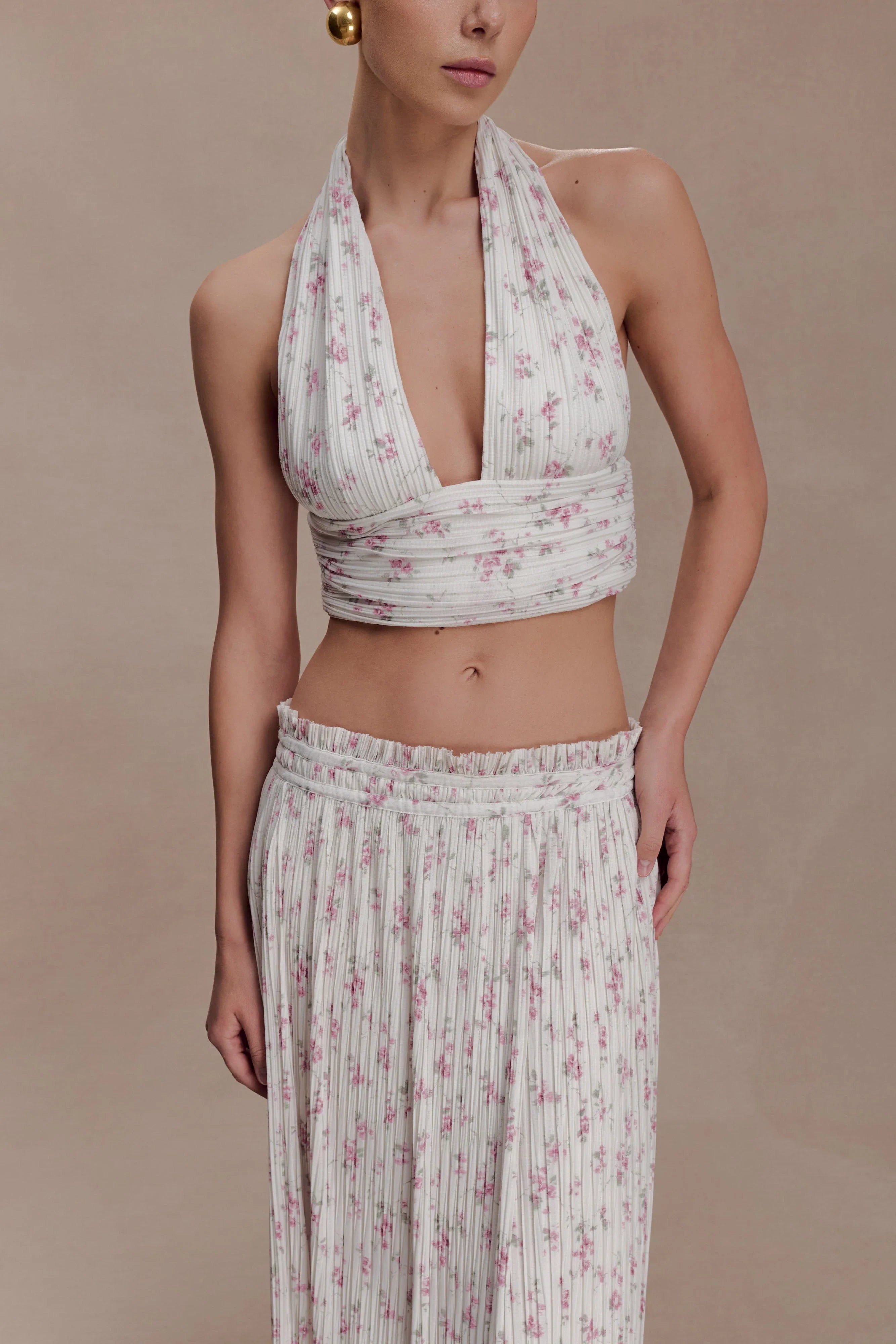 Amaris Sleeveless Plisse Halter Top Floral Ditsy Print