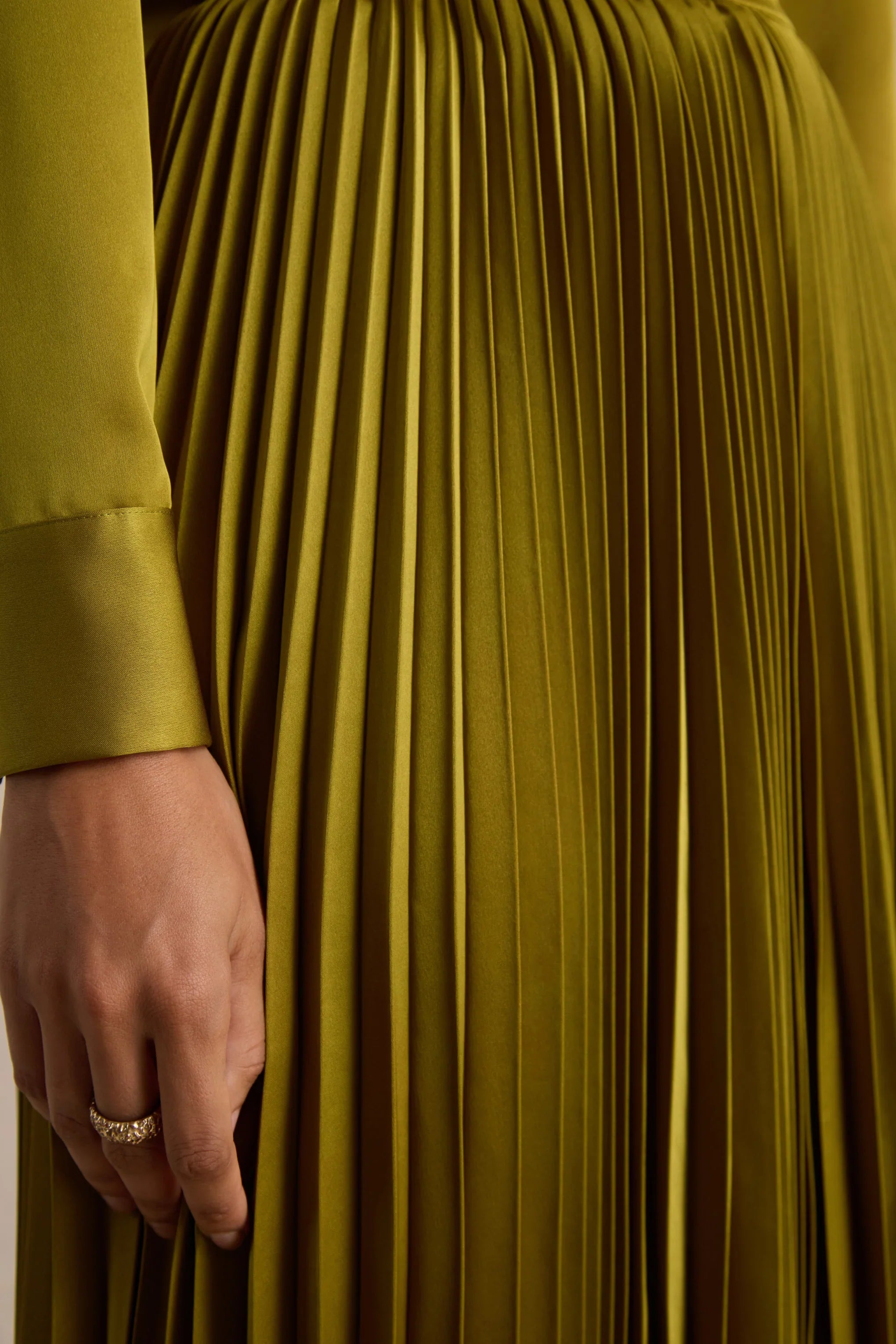 Naxos Olive Satin Shirt Maxi Dress With Pleated Skirt