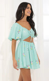 Puff Sleeve Tummy Cutout Dress in Green