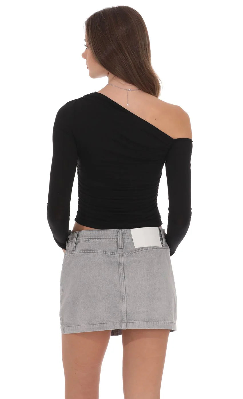 Buttoned Denim Skirt in Washed Grey