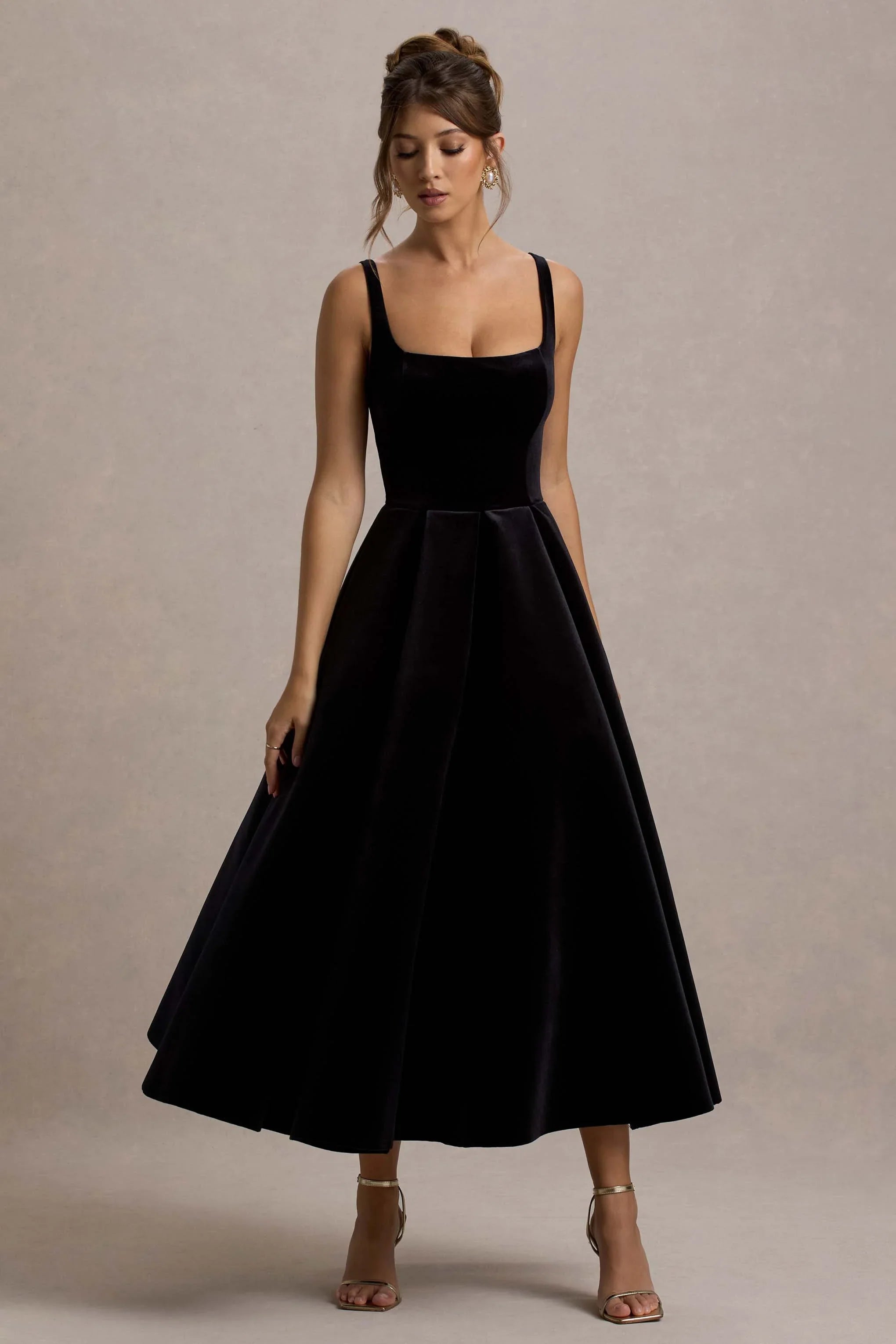 Francisca Black Velvet Strappy Volume Hem Midi Dress