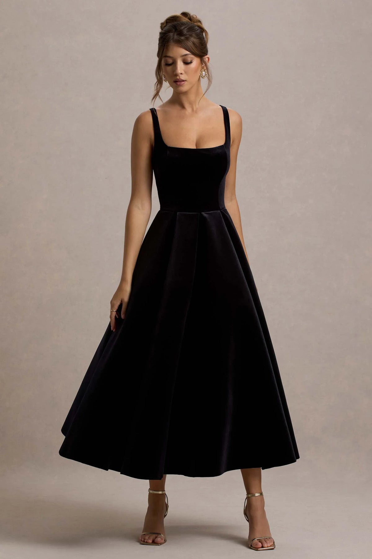 Francisca Black Velvet Strappy Volume Hem Midi Dress