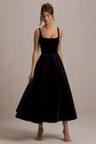 Francisca Black Velvet Strappy Volume Hem Midi Dress