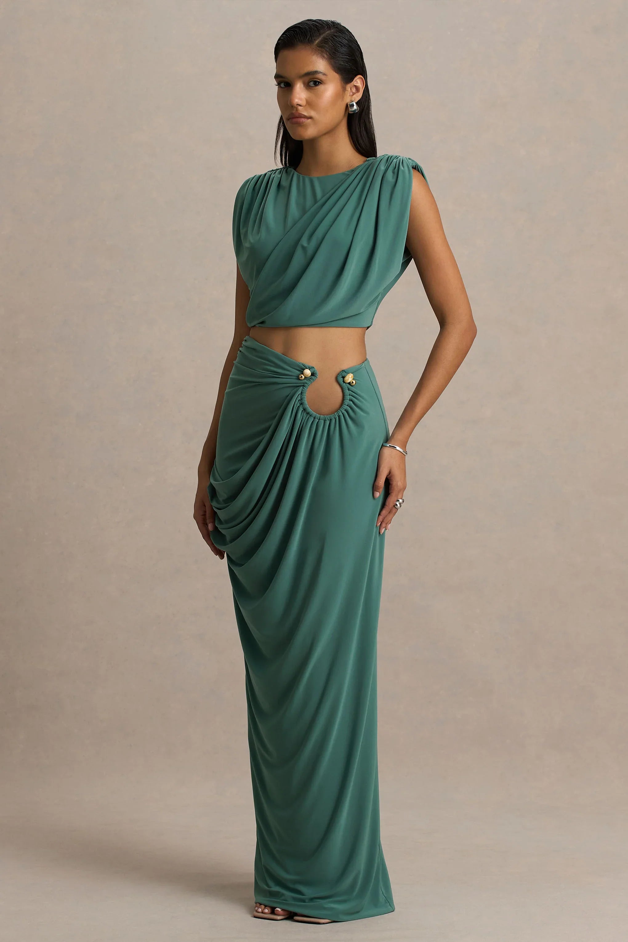 Avaline Green Wrap Maxi Skirt With Ruched Detailing