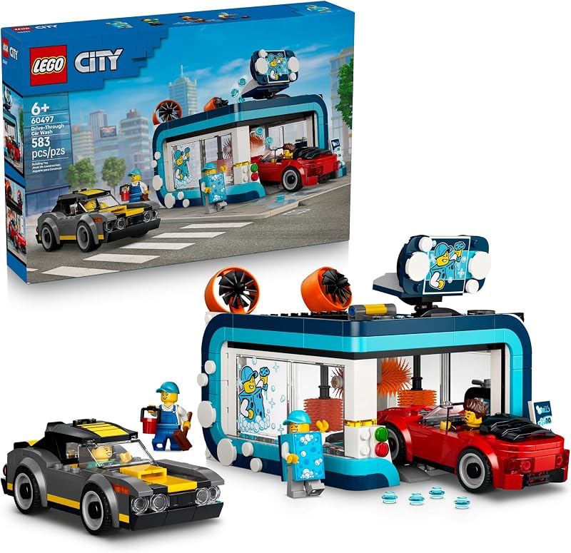 LEGO City Drive Through Car Wash 60497 Building Toys for Boys Girls Ages 6 Toy Cars Playset for Pretend Play 4 Minifigures 583 pieces Gift Idea