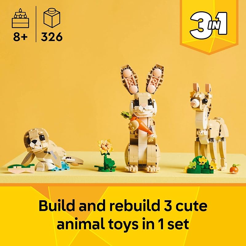 LEGO Creator 3 in 1 Cute Bunny 31162 Building Toy Girls Boys Ages 8 Choose Your Build W 3 Options 326 pcs Display in Bedroom or Bookshelf Gift Idea