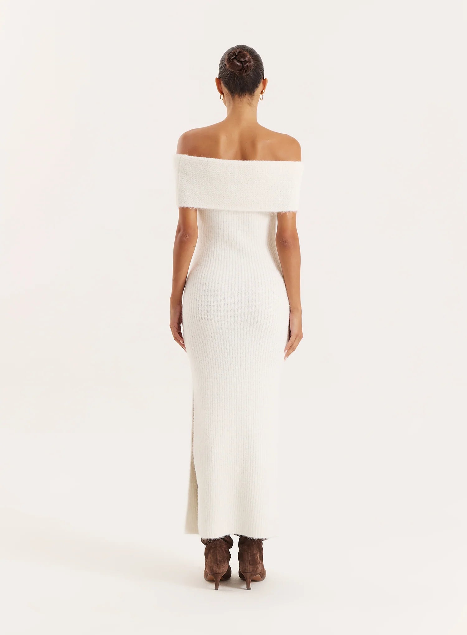 Cream Bardot Knitted Maxi Dress