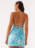 Merida Halterneck Beaded Mini Dress Blue