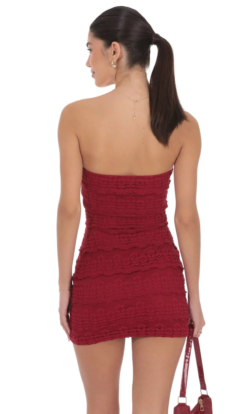 Strapless Ruffle Lace Dress in Red