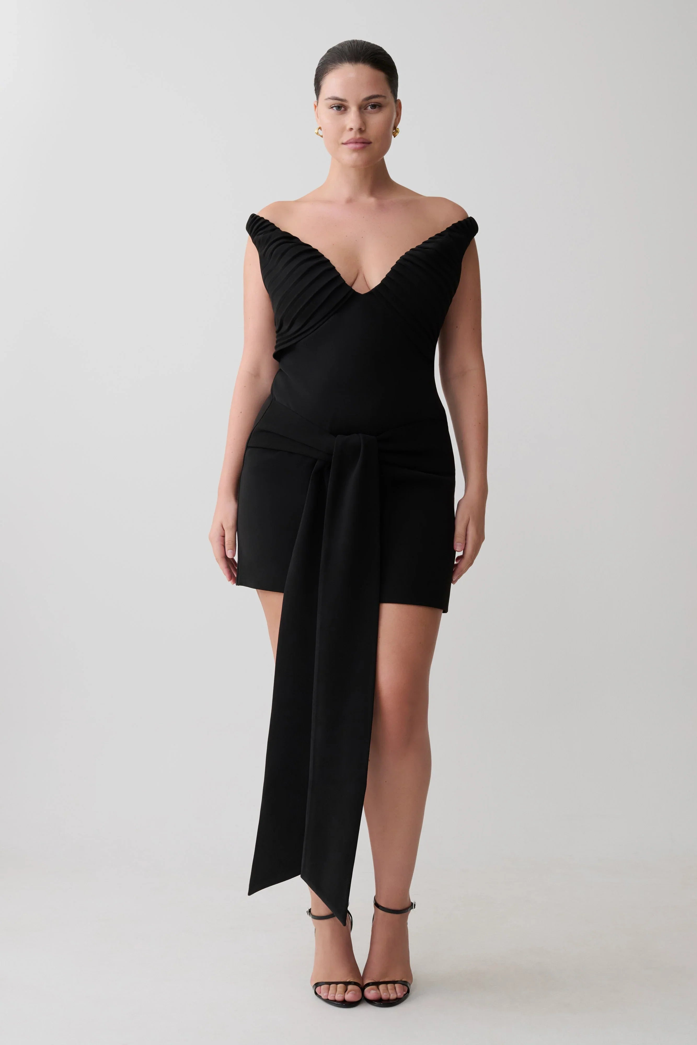 Runa Off Shoulder Mini Dress With Waist Tie Black