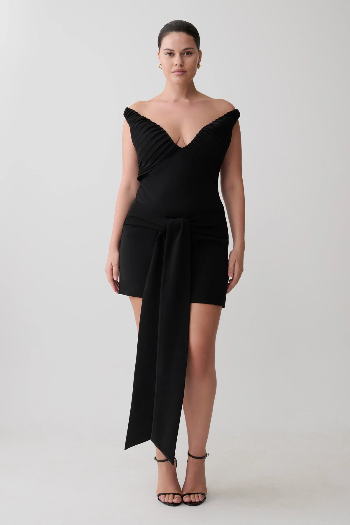 Runa Off Shoulder Mini Dress With Waist Tie Black