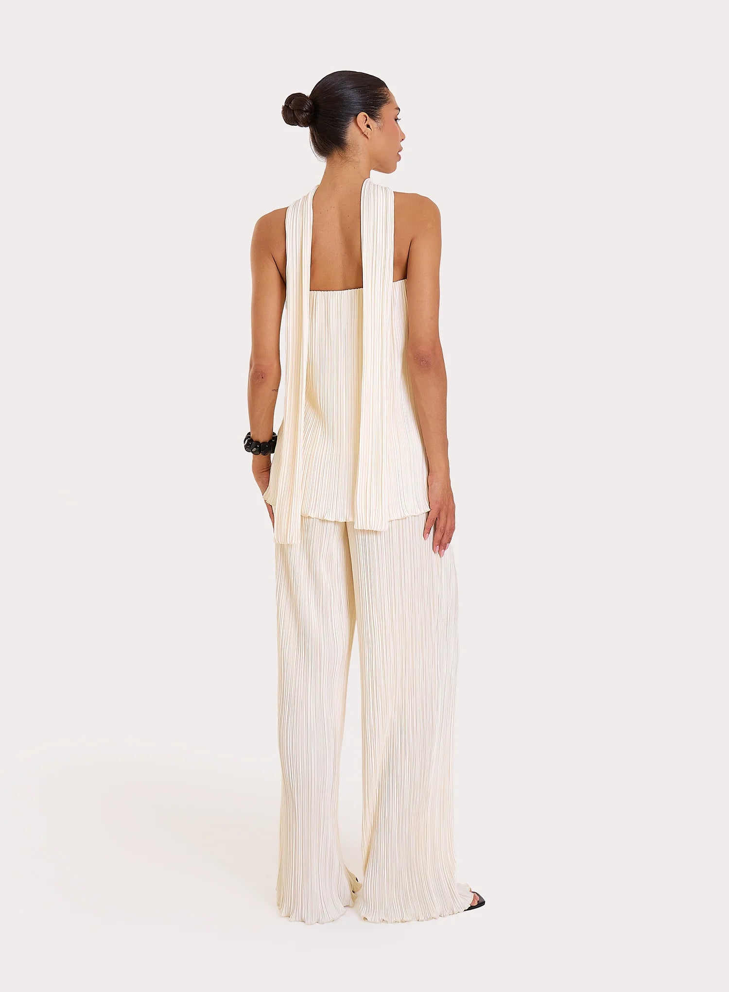 Cream Elasticated Waist Wide Leg Plisse Trousers