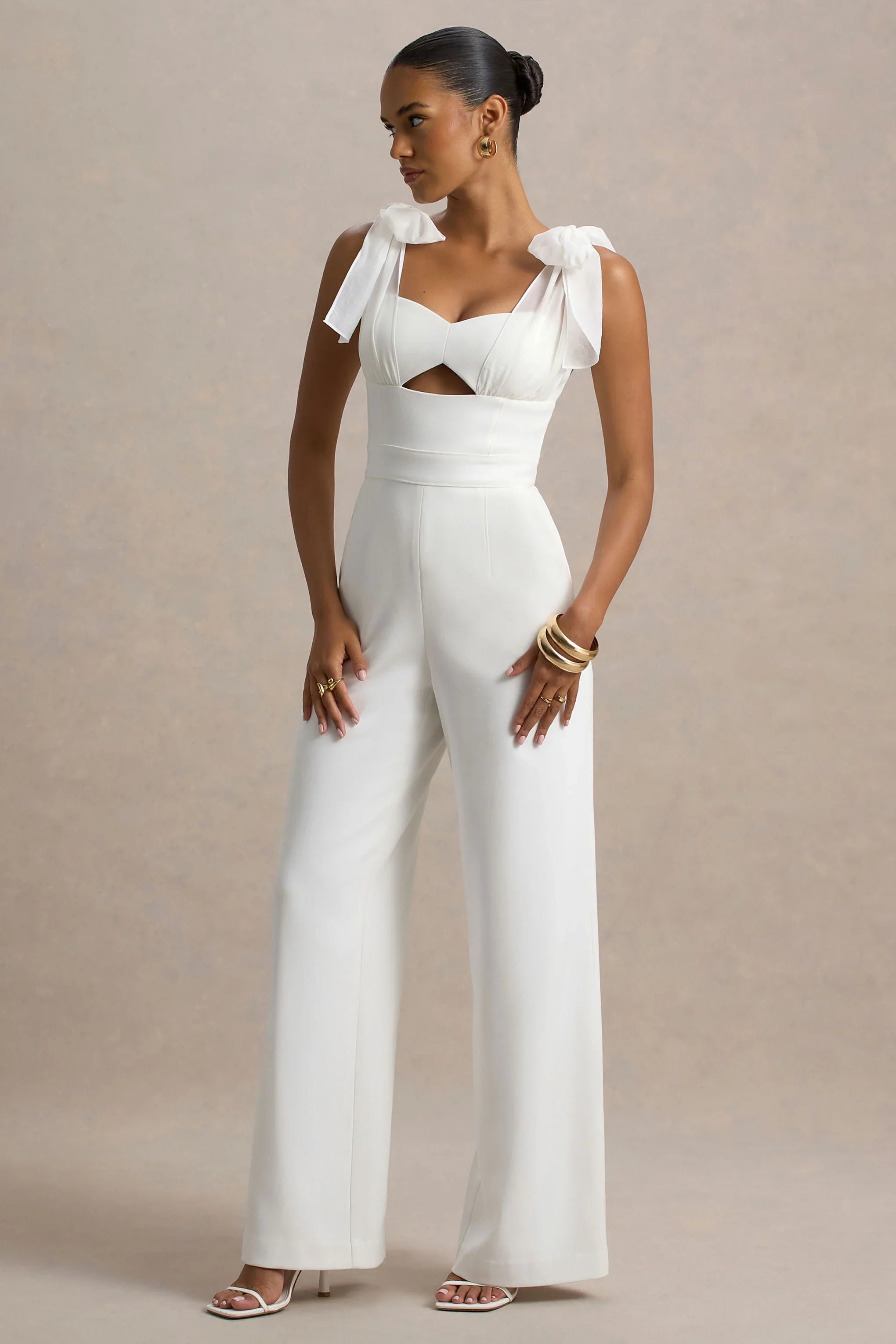 Claudelle White Flared Leg Jumpsuit With Organza Bow Straps