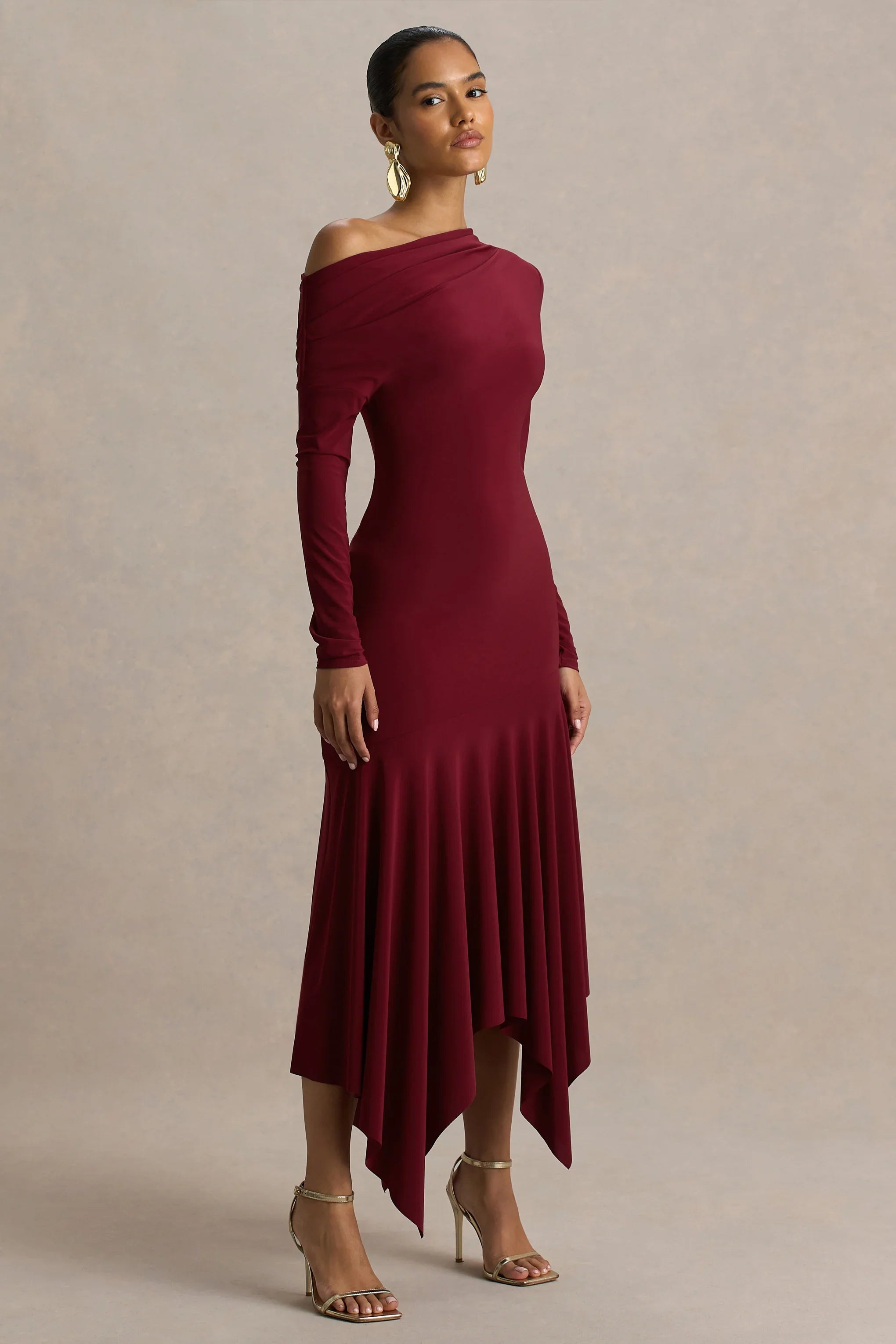 Isola Burgundy Asymmetric Neck Midi Dress With Hanky Hem