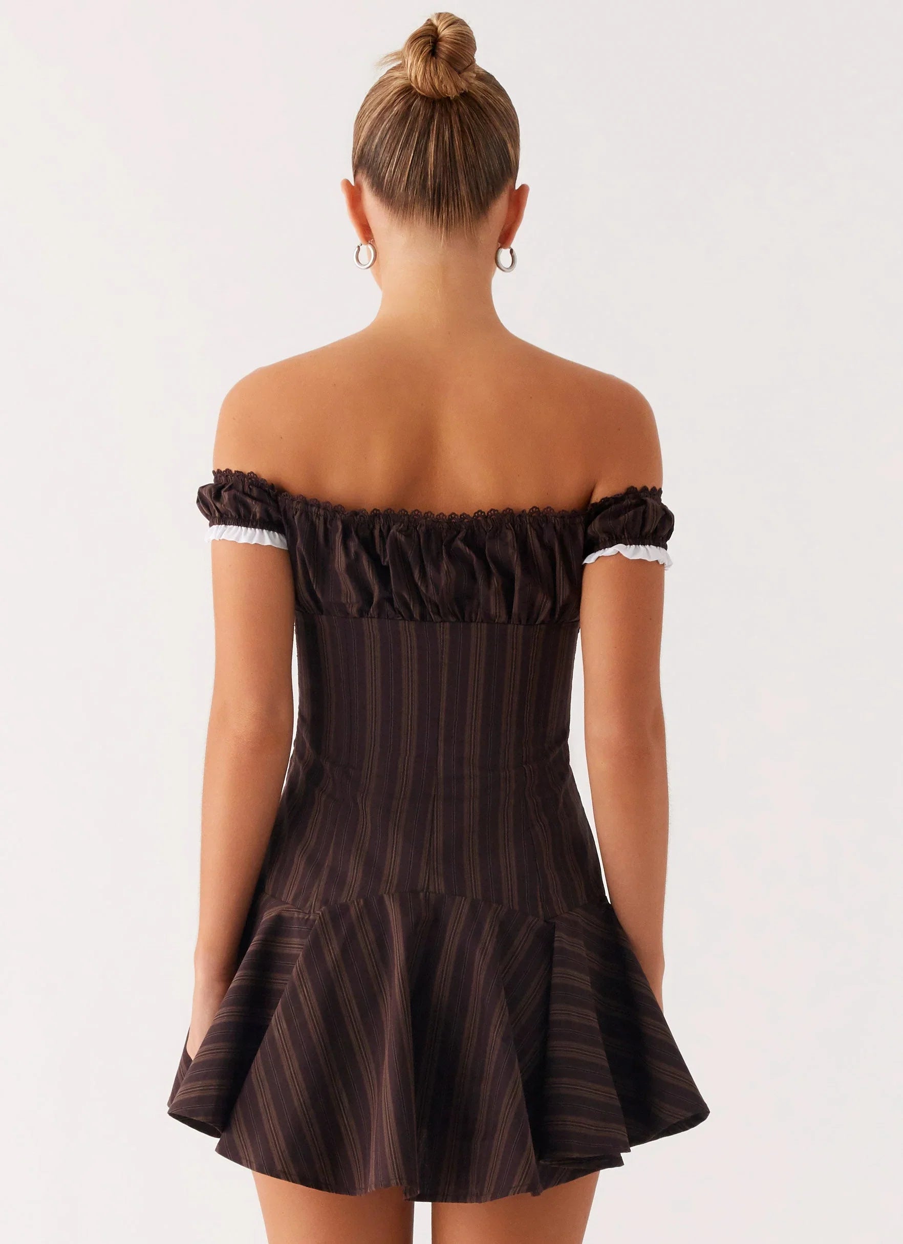 Jumana Off Shoulder Mini Dress Toffee Stripe