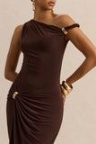Caelia Brown Asymmetric Neck Maxi Dress With Gold Detailing And Sash