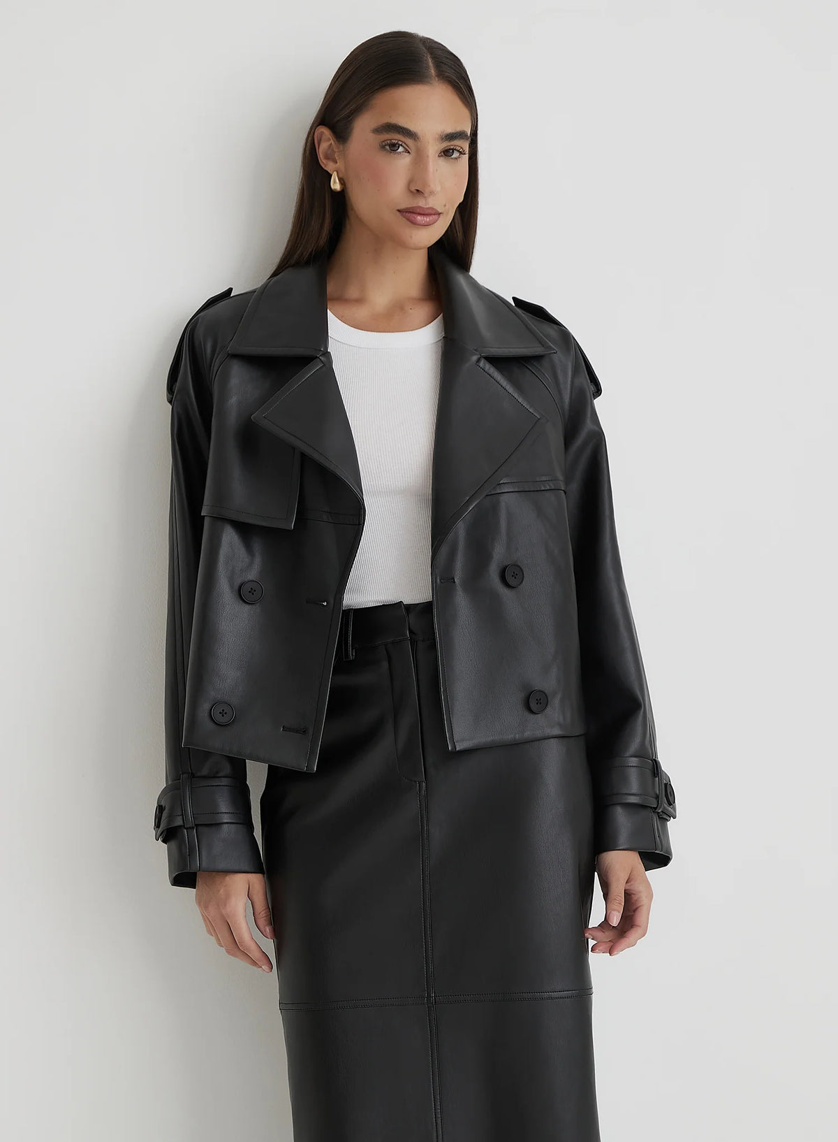 Black Faux Leather Cropped Trench Coat