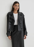 Black Faux Leather Cropped Trench Coat
